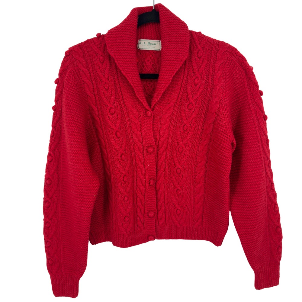 LL Bean Vintage Red 100% Pure Wool Cable Knit Popcorn Shawl Cardigan Sweater 40